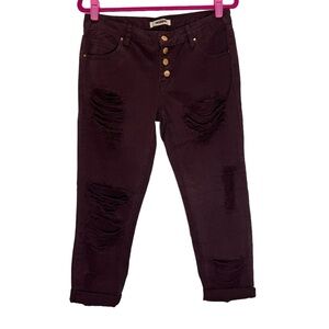 Refuge Womens Distressed Denim Capri Cropped Jeans Maroon Plum Pants Siz…